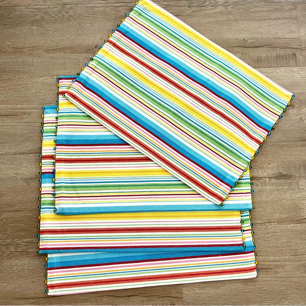 Pier One 4 pcs striped Placemats With colored Beads rainbow color